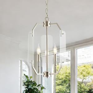 OKELI Brushed Nickel Lantern Chandelier 3-Light, 11.8" Small Farmhouse Dining Room Light Fixture with Glass Panels, Adjustable Hanging Pendant Light for Entryway Kitchen Island E12