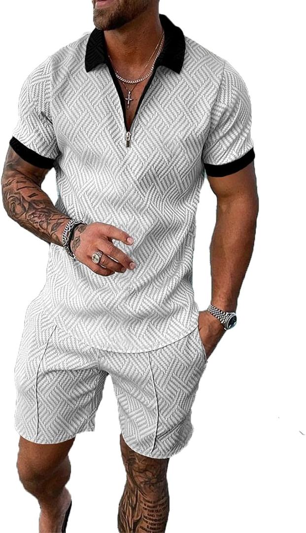 Mens Short Sets 2 Piece Outfits Polo Shirt Fashion Summer Tracksuits Casual Set Short Sleeve and Shorts Set for Men (Small, Black Collar Mixed White)