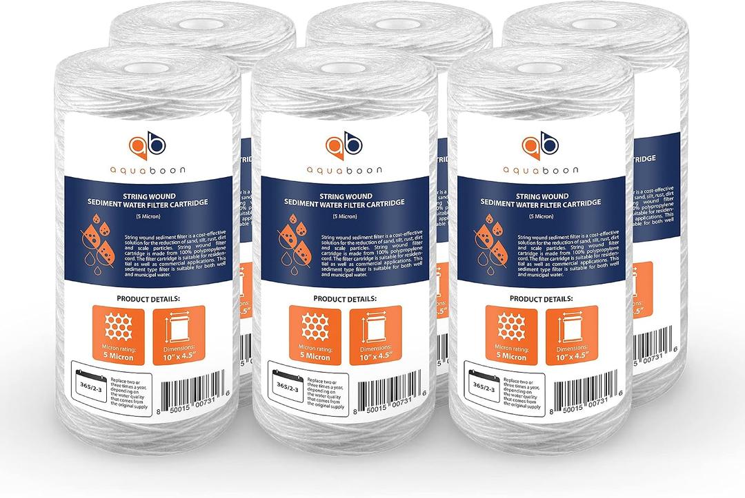 Aquaboon 5 Micron 10 x 4.5 String Wound Water Filter Cartridge 6-Pack