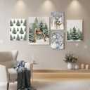 5 Pcs Winter Canvas Wall Art Snowman Winter Scene Pictures Rustic Let It Snow Prints Wall Decor Pine Tree Reindeer Snowy Prints for Living Room Bedroom Indoor Home Artwork Decorations