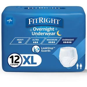 FitRight Overnight Unisex Extra Large Underwear, (56-68 in Waist) 12 Count, Maximum All Night Disposable Incontinence Protection, Pull-On Absorbent Underwear for Men and Women, 1 Bag