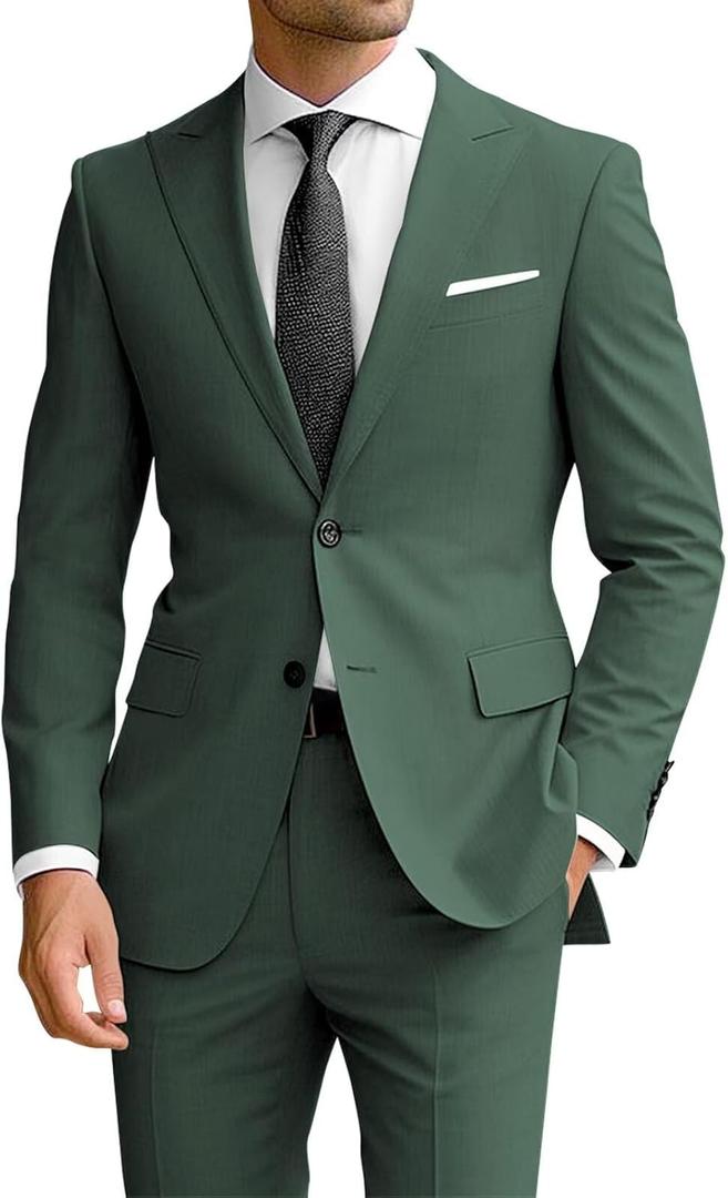 Wangyue Men's 2 Piece Suit Slim Fit Suits for Men Two Button Blazer Formal Business Jacket Suit for Wedding Prom Dinner (X-Large, Dark Green)