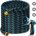 75FT Garden Hose, Non-Expandable Flexible Fabric Water Hose with 10-Function Spray Nozzle, Kink-Free & Lightweight Yard Hose with 3/4" Solid Brass Connectors for Lawn, Outdoor, RV & Marine Use