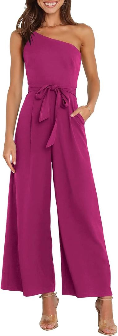 ANRABESS Women Summer Dressy Jumpsuits One Shoulder Sleeveless Casual Wide Leg Pants Romper Jumper 2025 Trendy Outfits (Large, Deep Rose)