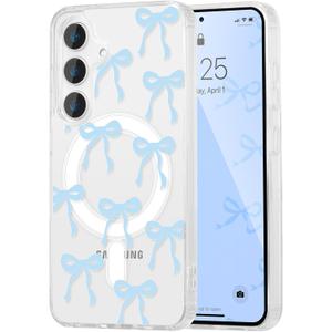 UEEBAI Magnetic for Samsung Galaxy A16 4G/5G Case, Bow Case Compatible with MagSafe, Wireless Slim Clear Ribbon Aesthetic Phone Cover Anti-Yellowing Shockproof Protective Cover for Women Girl - Blue