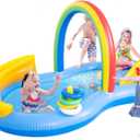 Inflatable Swimming Pool with Water Slide, Inflatable Play Center with Spray Water, Toss Ring, Ball for Outdoor Backyard Garden Water Park