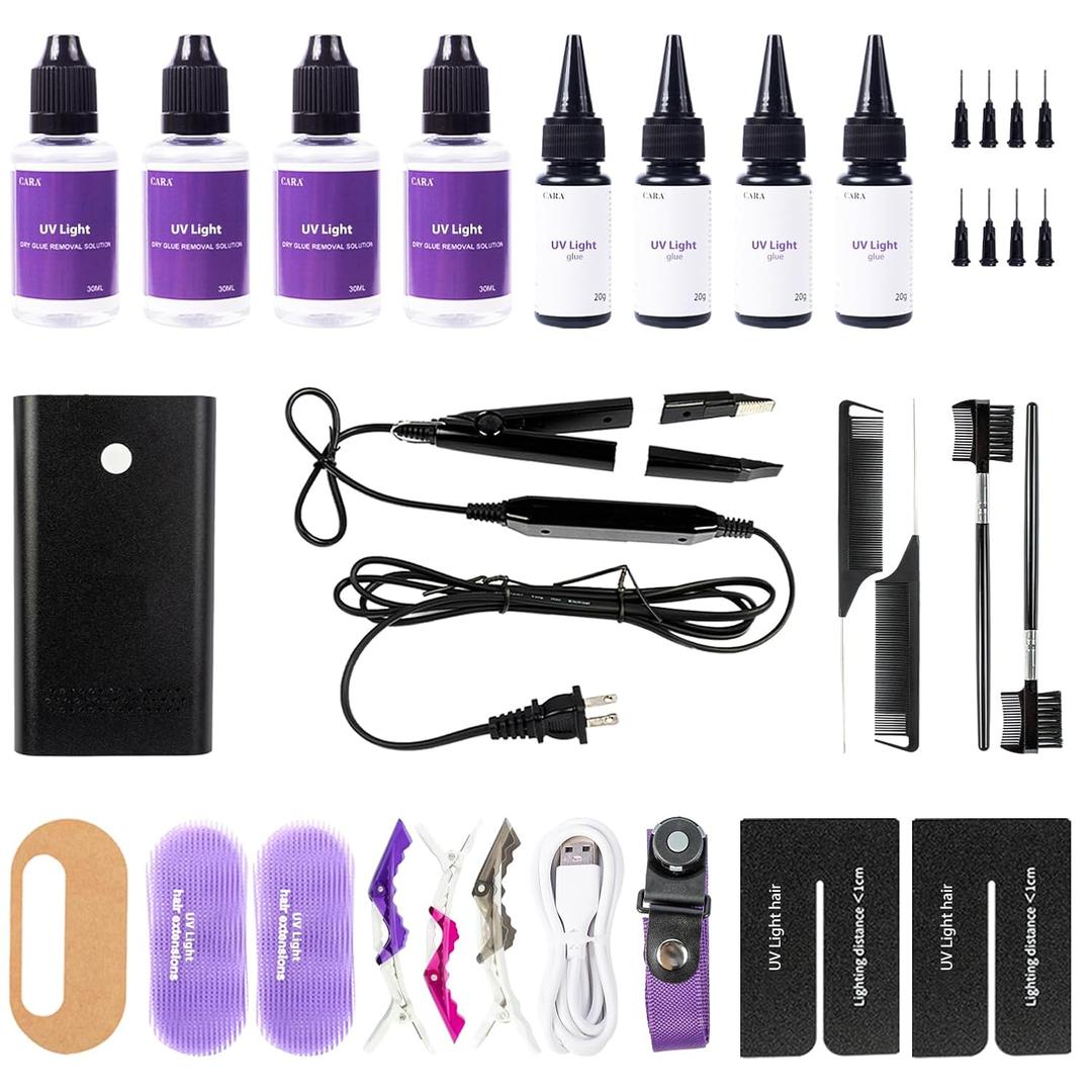 UV Light Hair Extensions Kit UV-Light hair Extension Machine*1, Remover Machine*1, UV Glue 20g * 6, Remover Solution 20ml * 4(Black Machine Set)