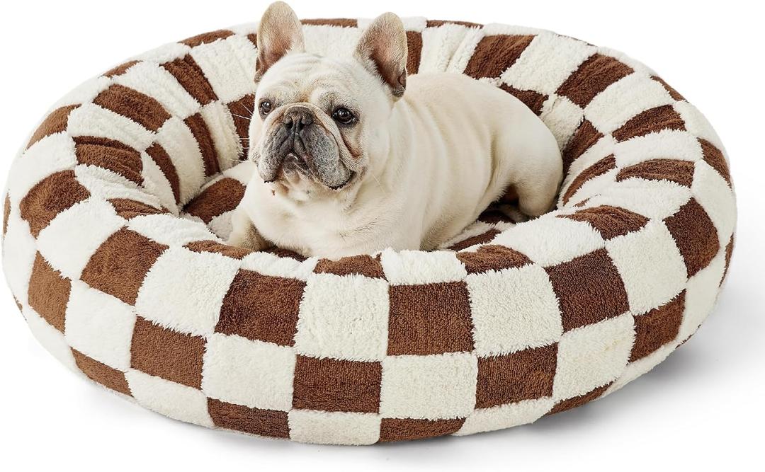 Lesure Donut Medium Dog Bed - Round Cat Beds for Indoor Anti-Anxiety Calming Pet Beds, Washable Cute Modern Beds with Teddy Sherpa Plush & Anti Slip Bottom, 30 Inch, Brwon (Brown Checks)
