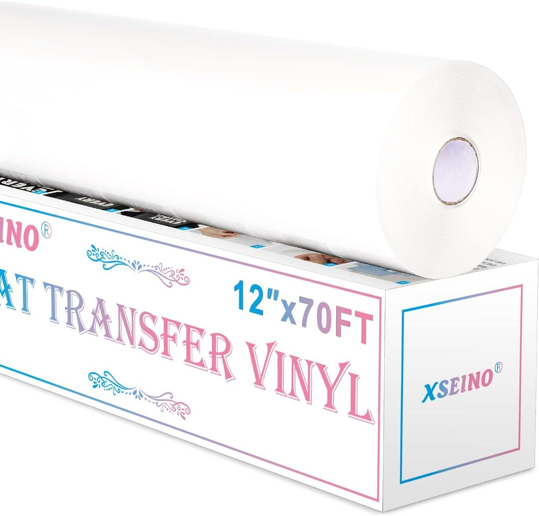 XSEINO Heat Transfer Vinyl Roll, 12" x 70FT White HTV Vinyl Roll with Teflon for Shirts,Iron on Vinyl Roll for Cricut & Cameo, Easy to Cut&Weed for Heat Transfer Vinyl Design(White)