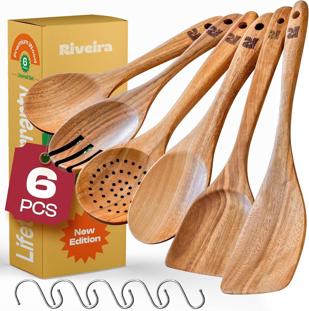 Riveira's 6-Piece Kitchen Essentials - Wooden Spoons for Cooking and Comprehensive Cooking Utensils Set (Light Teak)