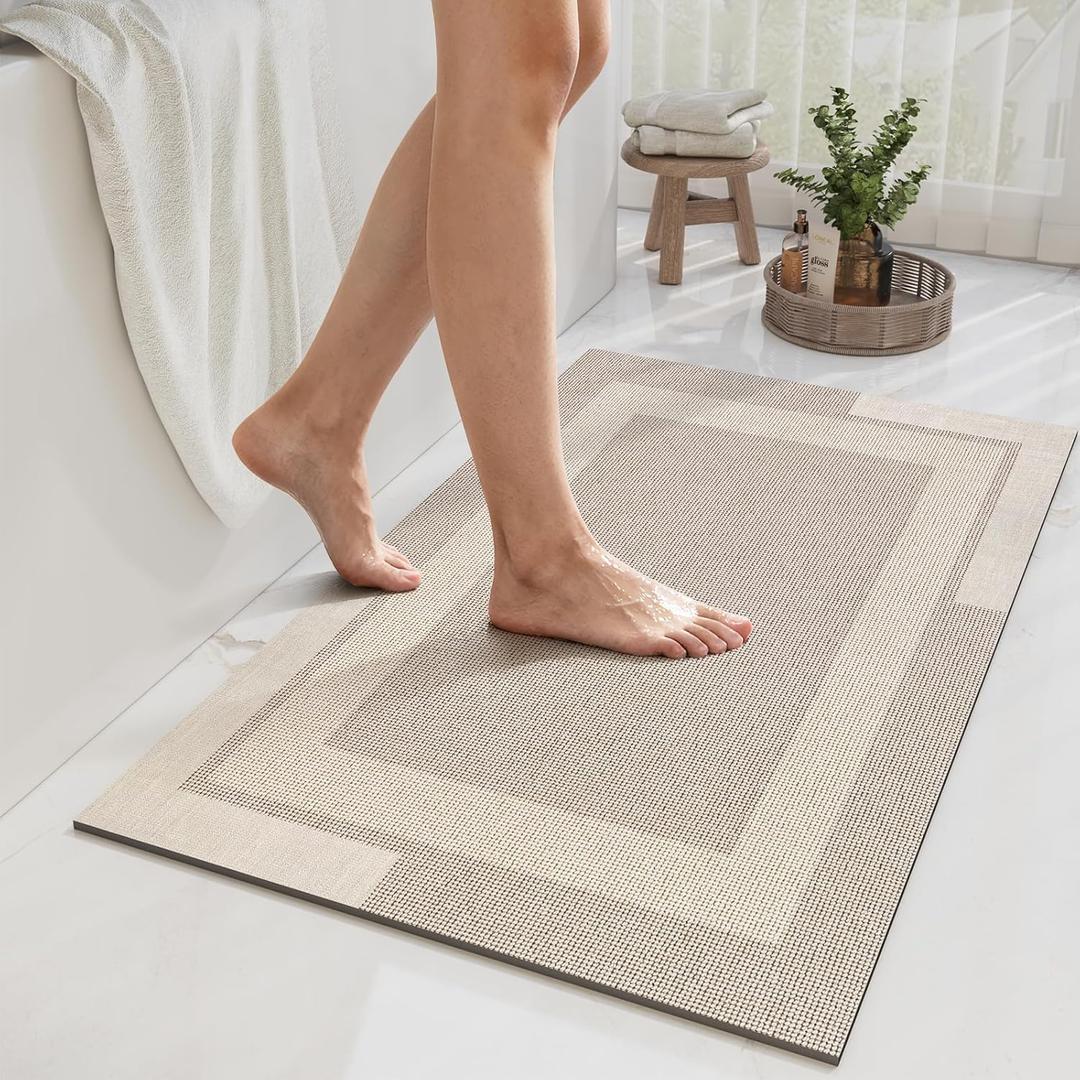 Non Slip Bath Mat, Rubber Backing Ultra Thin Bathroom Rugs Fit Under Door Quick Dry Super Absorbent Washable Bath Rug Shower Mat for Bathroom Floor Bathtub Shower Sink, Easy Care Beige 20"x 32"