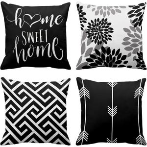 Emvency Set of 4 Throw Pillow Covers Modern Abstract Geometry Black White and Grey Words Sweet Floral Arrow Decorative Pillow Cases Home Decor Standard Square 18x18 Inches Pillowcases
