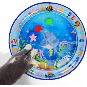 Cat Water Sensory Play Mat with Extra Protective Cover, Thickened Cat Water Bed Toy for Cats Dogs Kittens Puppies Pets (Round Blue)