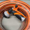 FXFOUCS Heavy Duty Garden Hose – 5/ 8 Inch Flexible, Lightweight Hybrid Hose with 600 PSI Burst Pressure, Swivel Handle, and Durable Copper Male/ Female Fittings (Orange with hose sprayer, 75FT)