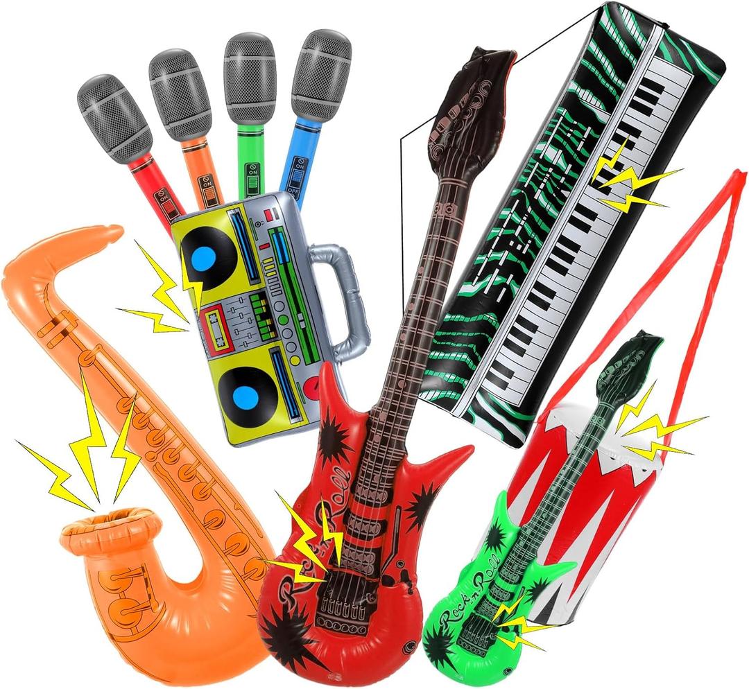 24 Pcs Inflatable Instruments Party Props Set Inflatable Guitar Microphone Saxophone Bass Recorder Piano Theme Rock Decorated Vintage Period Party