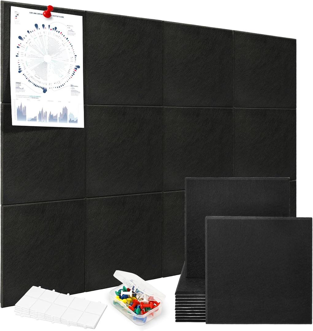 Large Cork Board | 48"x36" Felt Bulletin Board with Safe Removable Adhesive Tabs, 12-Pack Felt Wall Tiles for Home, Office, Classroom Essentials, Black