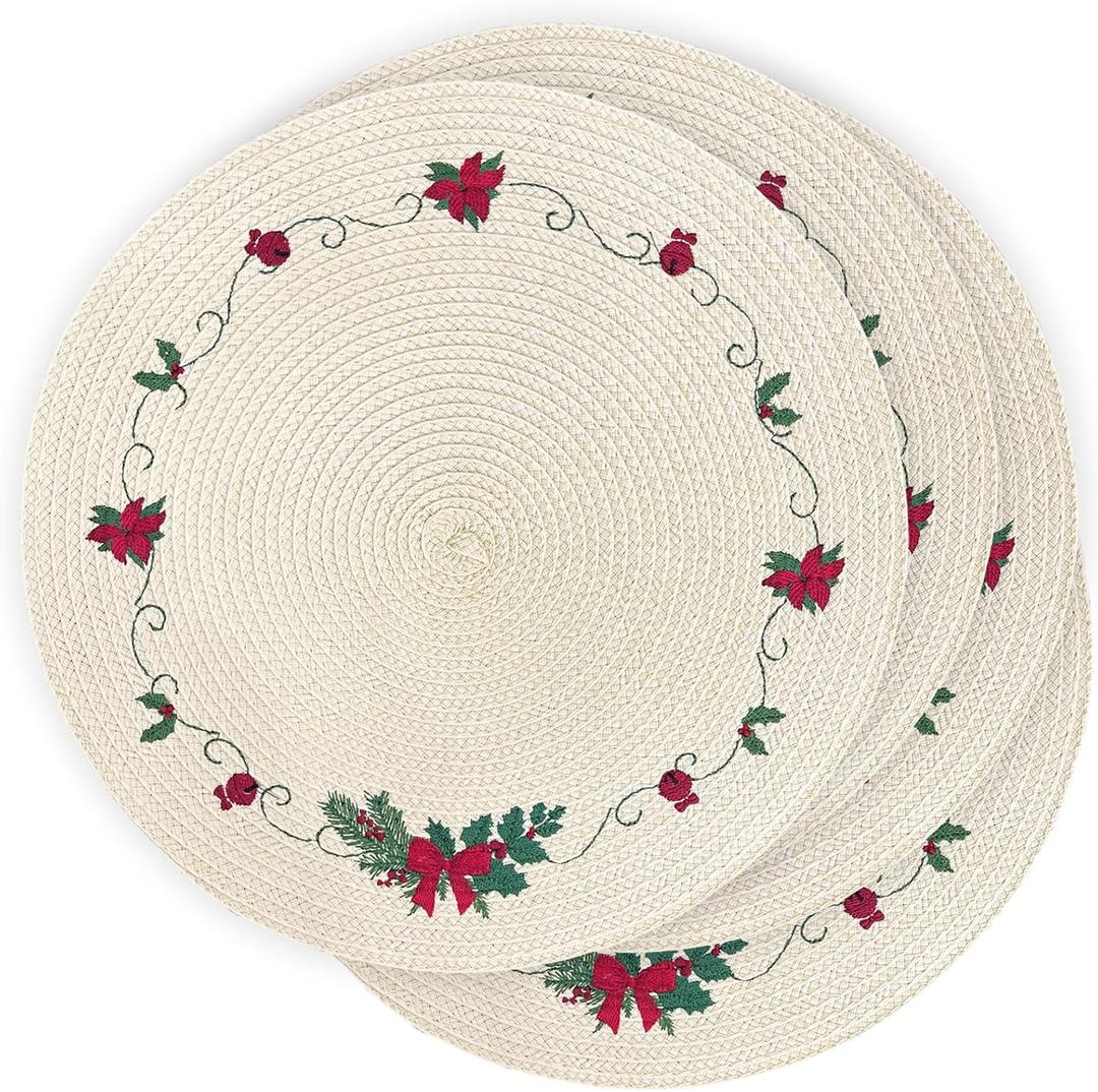 LaneVines Christmas Placemats Set of 4 Round Placemats, Embroidered Holiday Table Placemats Christmas Decorations for Kitchen Dining Table Mats Table Decorations