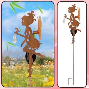 Solar Garden Fairy Statue with LED Lights, Metal Yard Art Outdoor Figurine for Patio Path Yard Decor