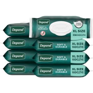 Depend XL Disposable Washcloths for Adults, 8 Flip-Top Packs, 42 Wipes Per Pack (336 Wipes Total)