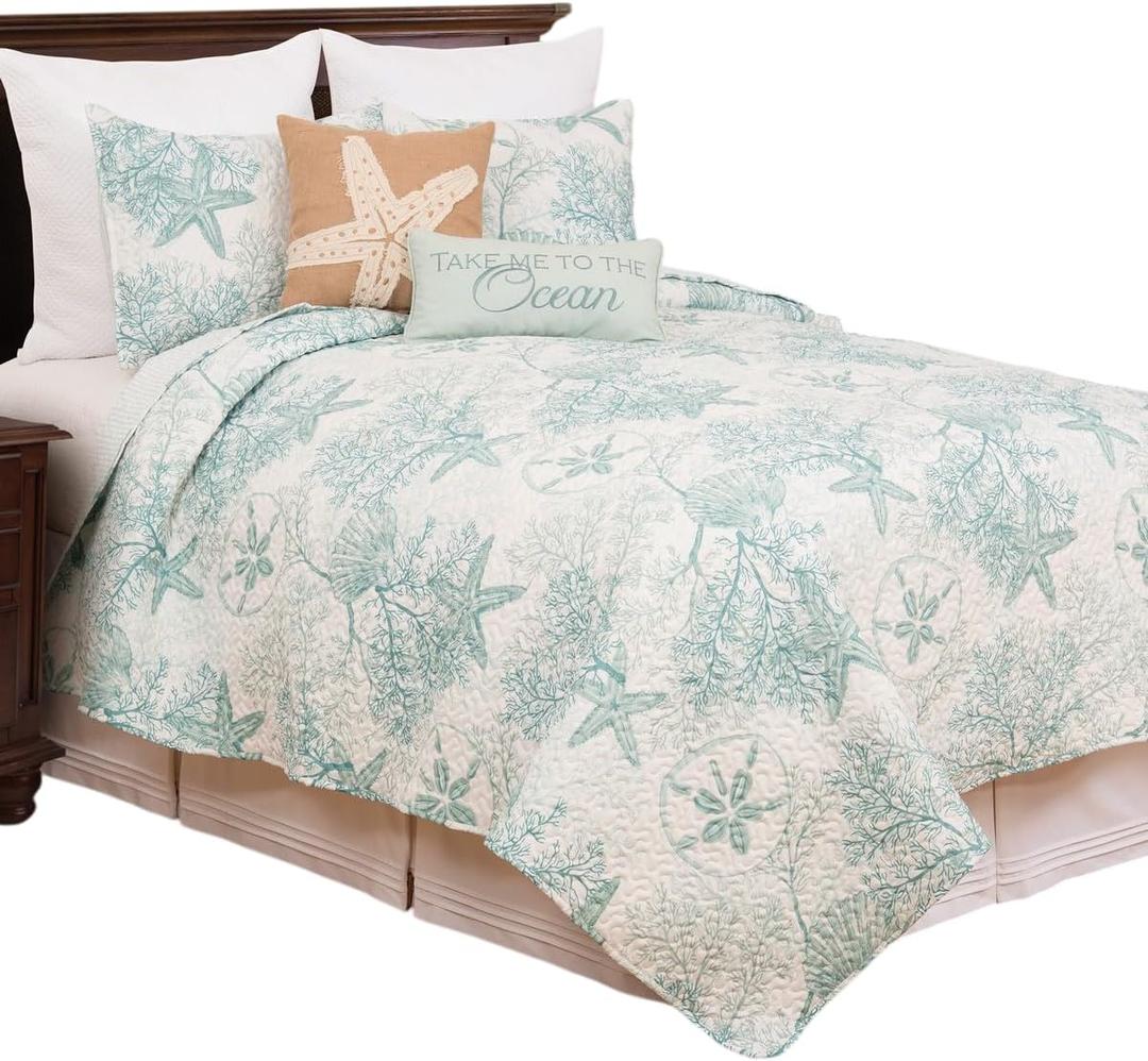 C&F Home Ocean Treasures Blue Starfish Sand Dollar King Bed Quilt Set All Seasons Summer Seashell Coral Beach House Reversible Lightweight Coverlet Comforter Nautical Bedroom Bedding Decor Decoration