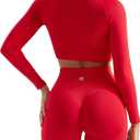 SUUKSESS Women 2 Piece Workout Sets Hidden Scrunch Hip Lifting Seamless Leggings Long Sleeve Yoga Crop Tops (Small, Red)