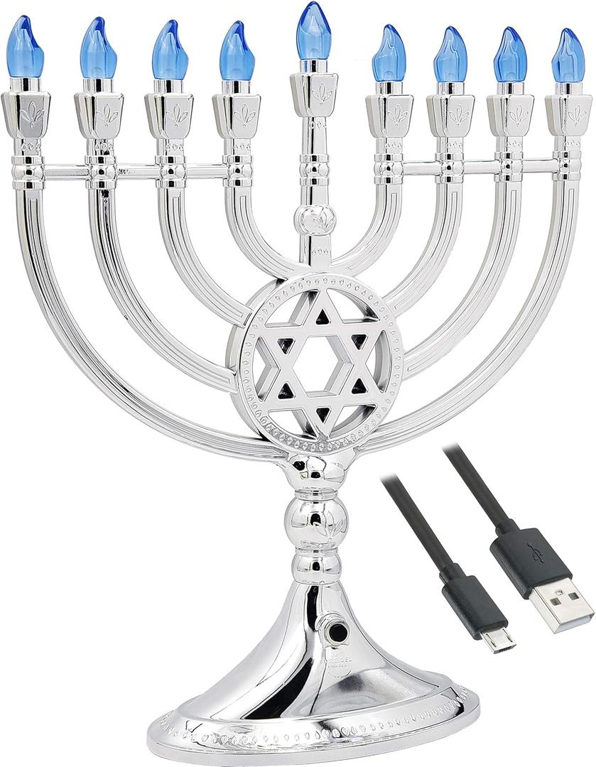 The Dreidel Company Traditional LED Electric Silver Mettalic Hanukkah Menorah -Full Size 13 Inches High 3 AA Battery or USB Powered - Includes a Micro USB 4' Charging Cable