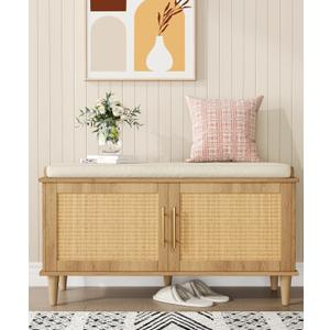 Akxomel Natural Rattan Shoe Storage Bench with Cushion, Entryway Shoe Cabinet Bench with 2 Doors, 15"D x 39.4"W x 20"H, Wooden Shoe Organizer, Adjustable Shelf, Solid Wood Legs, for Hallway, Bedroom