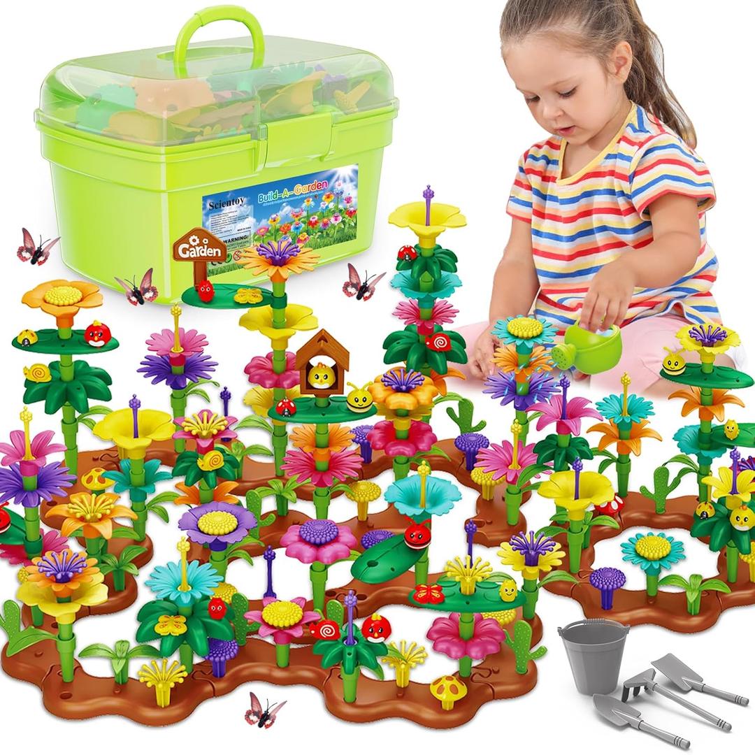 Scientoy Flower Garden Toy Building Blocks, 3 4 5 Year Old Girl Toys, 324 PCS Upgrade Flower Pretend Gardening Gifts for Kids, Floral Arrangement Playset for Age 3-7 Year Old Child Educational
