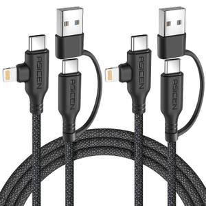 ASICEN 100W PD 2 in 2 Multi Charging Cable,6ft Braided USB C to 90Lightning Cable 5A Fast Charging with USB A/C to C/L for iPhone Series/MacBook/iPad/Galaxy/Switch 2,Multi Chargers for All Devices