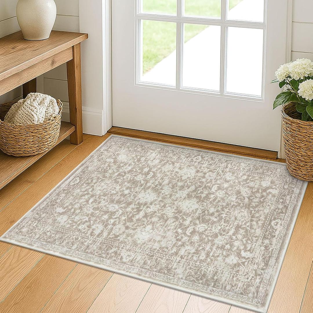 KILOCOCO Moroccan Small Area Rug 2x3 Entryway Rugs Printed Vintage Floral Washable Rug Non-Slip Kitchen Indoor Door Mat, Accent Throw Small Rugs for Laundry Room Bedroom Entrance, Beige