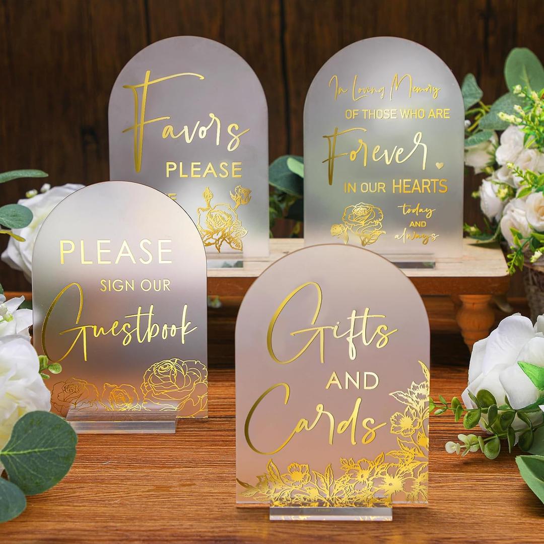 Chunful 4 Pcs Clear Acrylic Wedding Sign for Ceremony Reception 5" x 7" Frosted Arch Wedding Signage Decor with Stand Guestbook Cards and Gifts in Loving Memory Favors Sign(Shiny Gold,Classic Style)