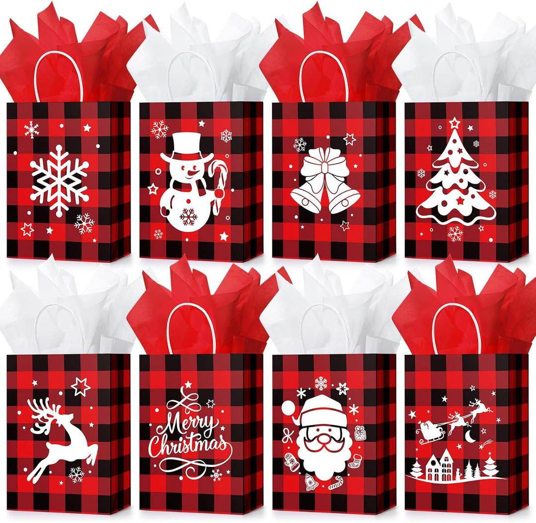 24 Pcs Buffalo Plaid Bags with Tissue Paper, Merry Christmas Santa Claus Kraft Paper Goodie Bags with Handles - Bulk for Christmas Party Supplies