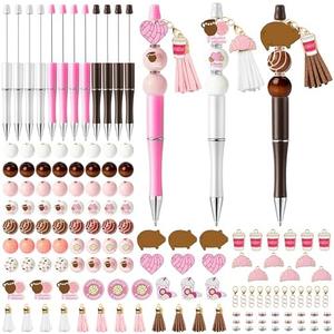 QIMGIC Cafecito Beadable Pens Kit - 12 Set Funny Cafecito Chisme DIY Ballpoint Pen Making with Bead Craft for Kids, Coffee Party Beaded Pen Bulk Charm Tassel Supplies for Women School Students Gift