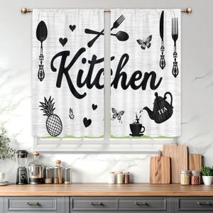 Black and White Kitchen Curtains for Bedroom 27.5Wx39H Inch Rod Pocket Farmhouse Rustic Grey Country Short Small Funny Fork Spoon Wooden 2 Panel Window Treatment Set for Living Room Decor