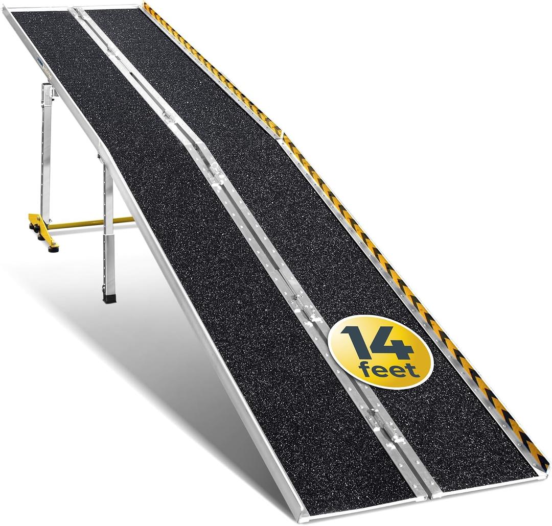 MAASTERS Wheelchair Ramp 14 Feet - Aluminum Long Wheelchair Ramp - Loading Capacity 600 lbs - Portable 14 Foot Ramp with 2 Extra Support Leg