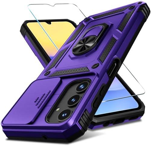 Janmitta Compatible with Galaxy A15 5G Case Built in Slide Camera Lens Cover+Screen Protector+Finger Ring Holder Kickstand,Heavy Duty Shockproof Full Body Phone Cover,2024 Purple