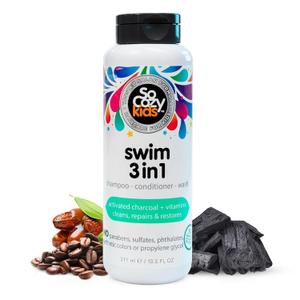 SoCozy Kids Swim 3-in-1 Shampoo, Conditioner & Body Wash - 3-in-1 Combo Pool Shampoo & Conditioner for Swimmers - Salt & Chlorine Removing Activated Charcoal