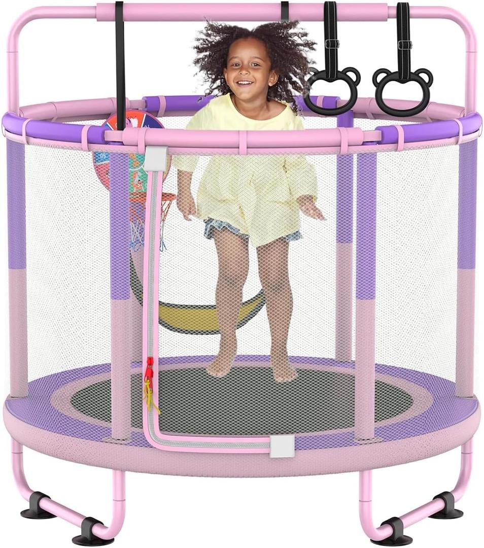 LANGXUN 60" Trampoline for Kids, 5ft Toddler Mini 6-in-1 Trampoline Indoor Outdoor with Swing, Basketball Hoop, Dart Board, Rings, Christmas Toys Birthday Gifts for Girls Boys  Pink&Purple 6-in-1