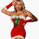 ShawGobow Sexy Santa Outfits,Sequin Holiday Dresses For Women,6 Piece Christmas Mrs Claus Costume Size M