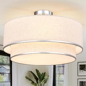 Hamilyeah 20 Inch Semi Flush Mount Ceiling Light, Dual Drum Fabric Shade Ceiling Light Fixture with Silver Metal Trim, Modern Ceiling Lamp for Bedroom, Living Room, Dining Room, Kitchen, Hallway