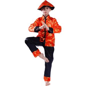 PGOND Boys Red Traditional Chinese Dragon Kung Fu Outfit Costume With Hat (Medium)