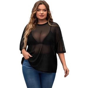 Women's Plus Size Clothes Concert Outfits Summer Sequin Tops See Through Mesh Short Sleeve Shirts, Large 