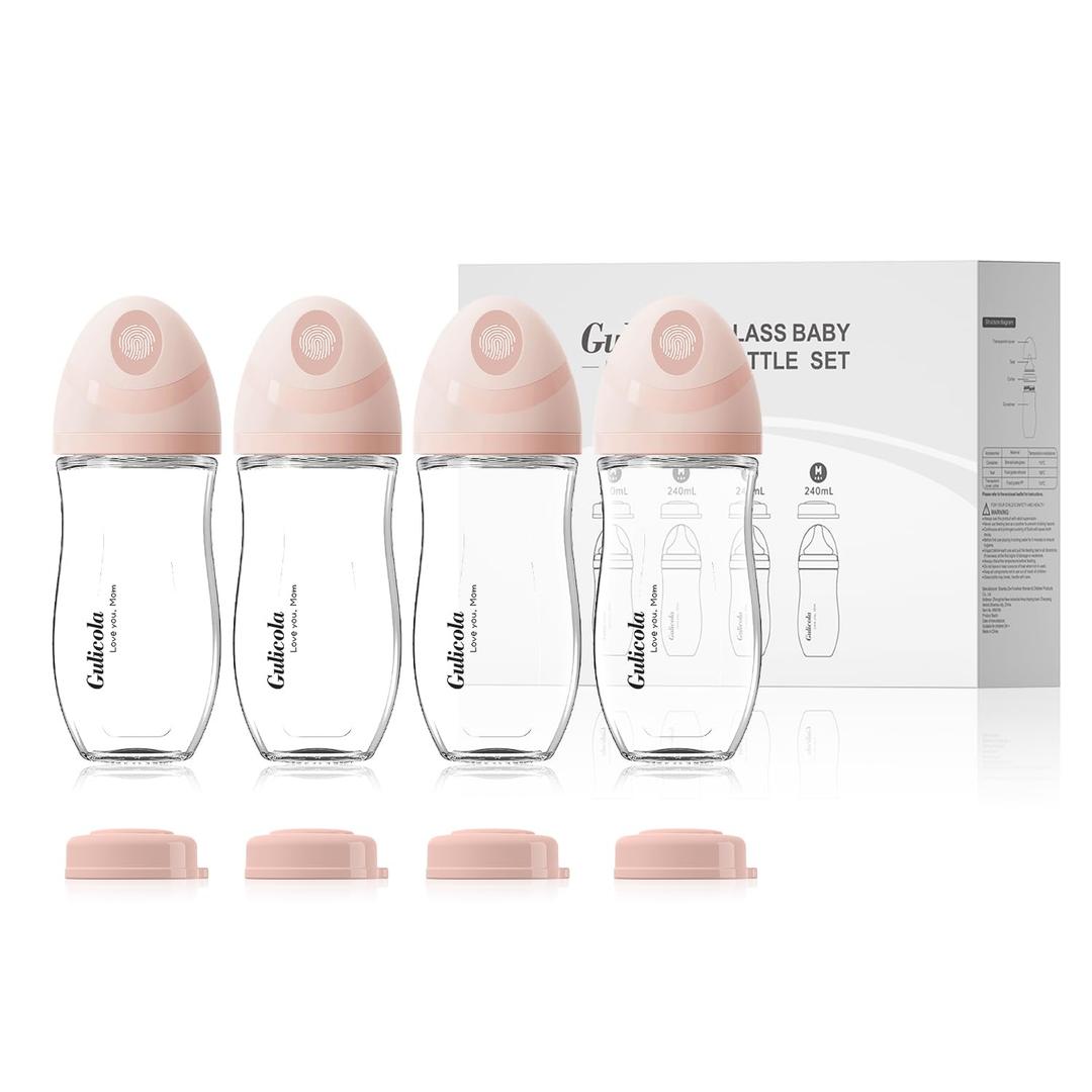 Natural Glass Baby Bottle 8 oz for Breastfed Babies, Anti-Colic Baby Bottle Set with Medium Flow Nipple, 3 Months +, 4 Pack - Pink (8 Ounce (Pack of 4))
