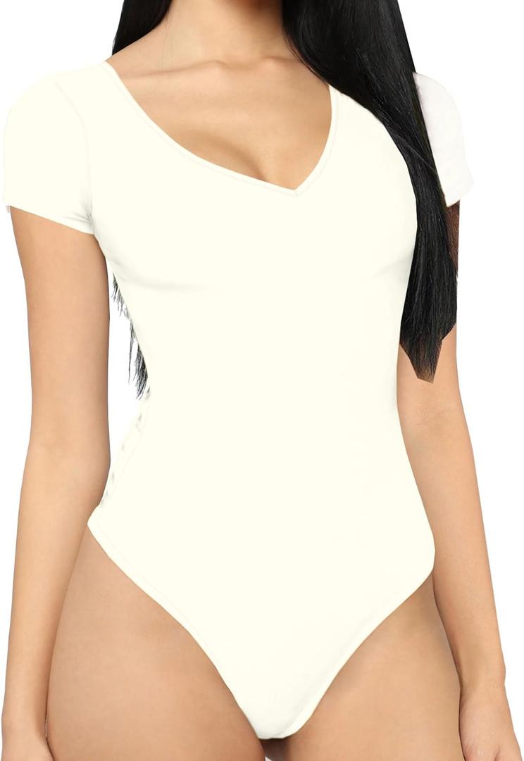 MANGDIUP Bodysuit For Women Short Sleeve V-Neck Casual Stretchy Basic T Shirt Bodysuit (Medium)