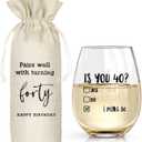 Funny 40th Birthday Gifts for Women Men- 40th Birthday Wine Glass & Wine Bag Gift Ideas for Wife, Husband, Mom, Dad, Sister, Aunt, Coworkers,40Year Party Supplies Decor for Him Her (Clear-40)