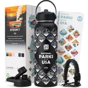 National Parks Water Bottle  40 oz Insulated Stainless Steel Water Jug with 63 Hand-Drawn Park Stickers, Outdoor Accessories & Gift Box  BPA-Free  Ideal for Hiking, Camping & Travel (Advanced Black)