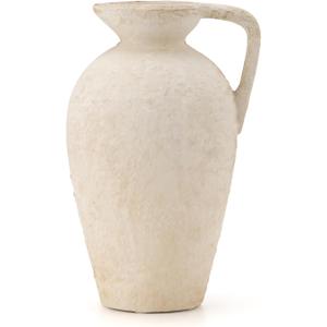 LUKA Rustic Farmhouse Terracotta Vase, 9.25 inch with Handle, Neutral Tall Clay Vase for Living Room, Table, Shelf Decor (Off-White)