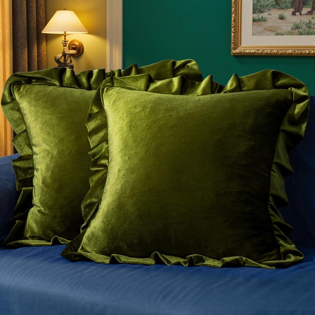 MIULEE Velvet Ruffle Throw Pillow Covers Soft Luxurious Olive Green Pack of 2 18x18 Inch Square Cushions Vintage Gothic Spring Decorative Ruffled Pillows Home Decor for Sofa Couch Bedroom Chair