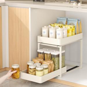 DayunPemp 2 Tier Pull Out Cabinet Organizer with Sliding Basket Bathroom Cabinet Organizer, Bathroom Kitchen Multi-Purpose Under Sink Organizer and Storage Cabinet in Metal 1 pack (white)