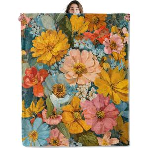 Vibrant Wildflower Throw Blanket Soft Cozy Lightweight Flannel Blankets with Colorful Oil Painting Floral Printed for Women Bedroom Dorm Office Country Garden Decor Gifts 50x60 Inch